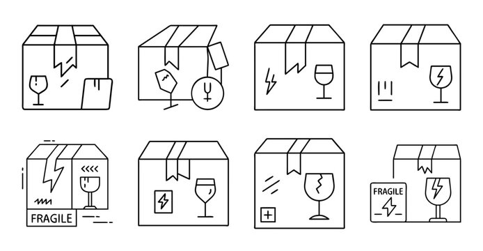 Flat pack delivery box icons set - Minimalist flat pack icons showing boxes with different delivery symbols and items inside.