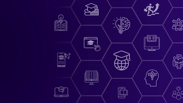 E-learning technology concept on the colorful background. Motion graphics of online education, webinar and online courses. AI and machine learning enhance personal learning. 4k video animation.