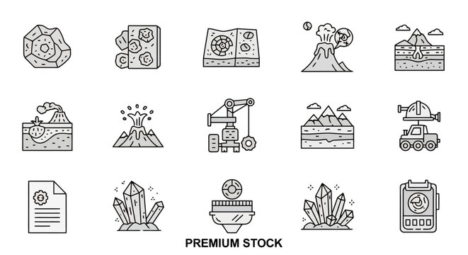 Collection of geological and mining icons representing earth science, minerals, and industrial processes.