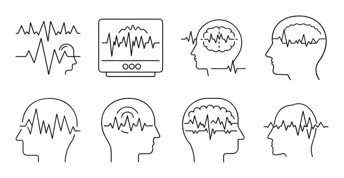 Brain waves and mental states vector illustration - Simple vector illustration showing brain wave patterns and different mental states with human heads.