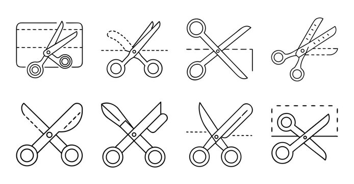 Various scissors icon styles in flat design - Set of different scissors icons illustrated in a clean, flat design style for graphic use.
