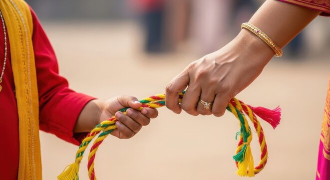 Person wearing red clothing holding multi colored decorative rope with hands decorated with gold ring and elegant bracelet.