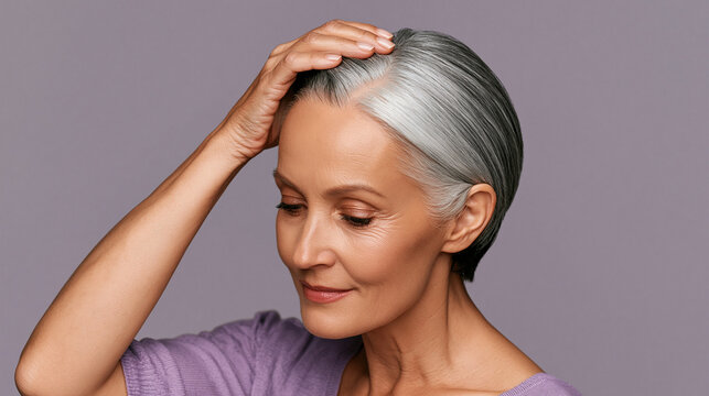 Portrait of a mature woman touching her elegant grey hair. Happy middle aged female showing natural silver hair roots on purple background. Hair care and aging gracefully concept