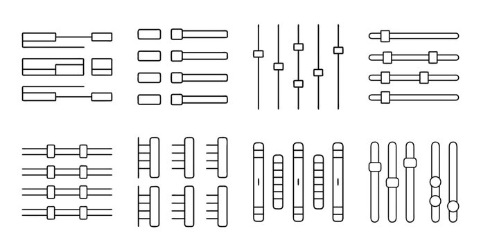 Modern volume and equalizer sound control icons - Sleek set of volume and equalizer icons showing sound controls in various styles for media and tech designs.