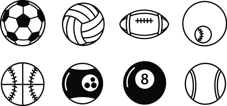 Sports equipment icon set soccer volleyball football baseball billiards