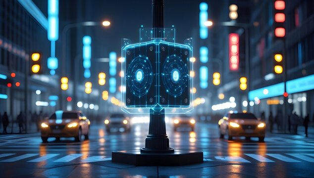 Futuristic AI traffic management module cube on a city street light pole with digital network overlay at night