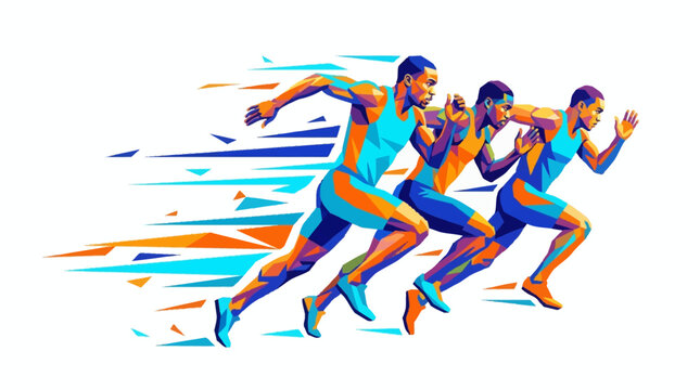 Abstract digital art of three fast sprinting male track athletes. Suitable for sportsrelated designs, posters, and athletic event promotions.