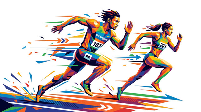 Abstract digital artwork of male and female track sprinters in a fastpaced composition. Perfect for sportsrelated designs and advertisements.