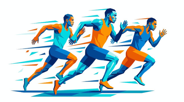 Three male runners in competitive athletic event, showcasing speed and intense competition. Ideal for sportsthemed projects or fitnessrelated designs.