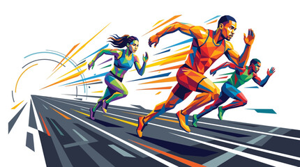 Dynamic runners in a fastpaced competition depicted with digital art style, perfect for conveying speed and energy in athletic designs. © Luqman