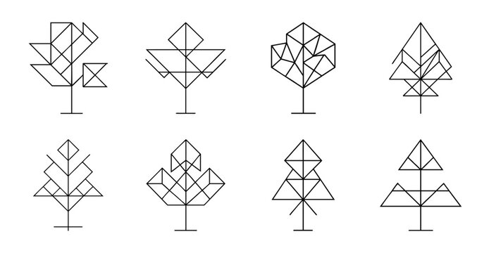 Minimalist geometric tree fractal patterns - Eight elegant vector fractal trees with geometric patterns in a clean, minimalist style.
