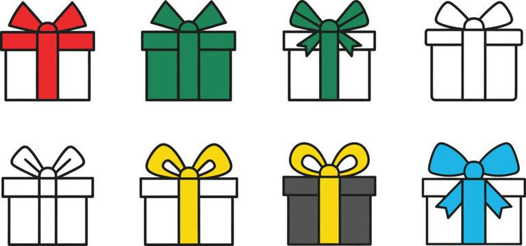 Set of gift box icons with colorful ribbons and bows in a simple flat vector illustration style