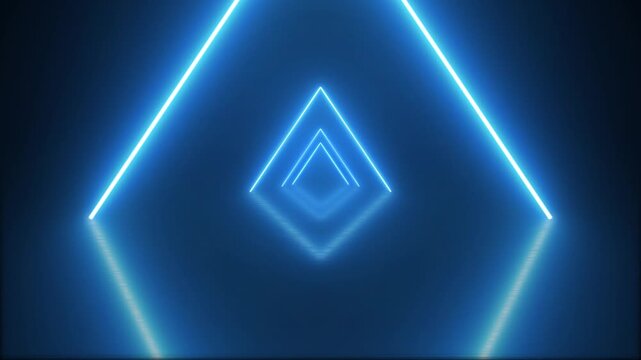 Abstract neon triangle tunnel concept. Flying forward through triangular loop corridor, tunnel, appearing glowing pink blue shapes. Looped triangle tunnel idea on the black background. 4k animation.