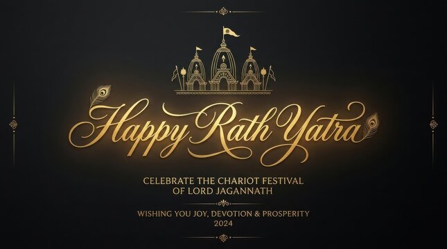 Golden happy rath yatra text with ornate temple architecture illustration and peacock feathers on elegant dark black backdrop.