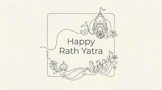 Minimalist continuous line art design featuring a religious chariot festival illustration for the holy rath yatra celebration.