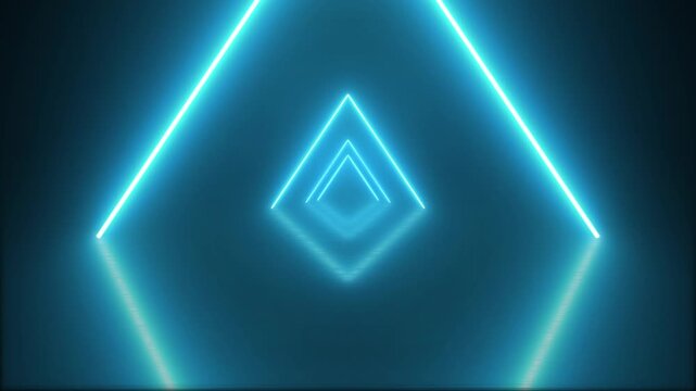 Abstract neon triangle tunnel concept. Flying forward through triangular loop corridor, tunnel, appearing glowing pink blue shapes. Looped triangle tunnel idea on the black background. 4k animation.