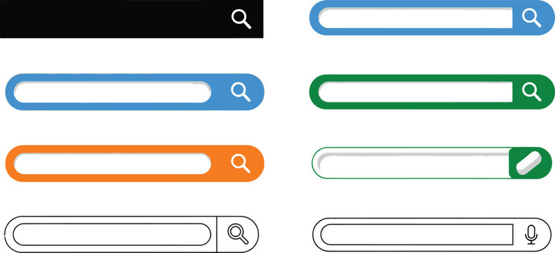 Set of web search bar interface elements with magnifying glass icons for website and application design vector