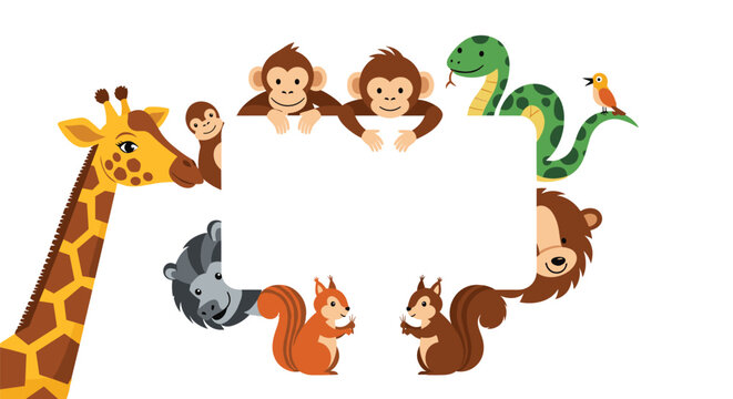 Group of wild animals including a giraffe and monkeys peering around a white rectangular frame on a plain background.