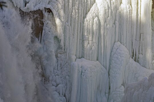 Close-up of frozen ice structures at a waterfall, winter, Sweden's highest waterfall, T&auml;nnforsen, &Aring;re&auml;lven, Are, J&auml;mtland, Sweden