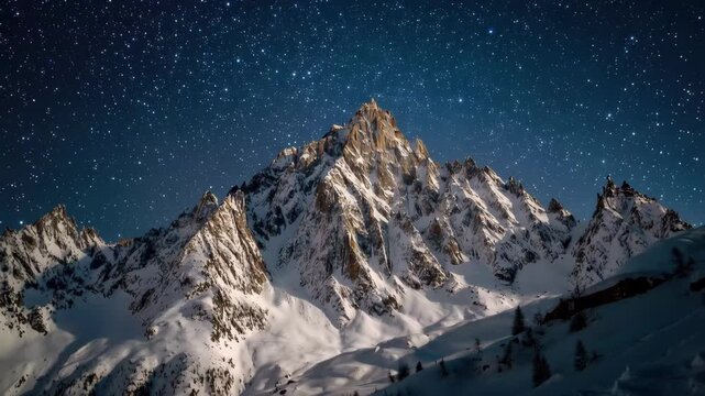 Nighttime display of stars over a snow-covered mountain range in the winter season in a remote area