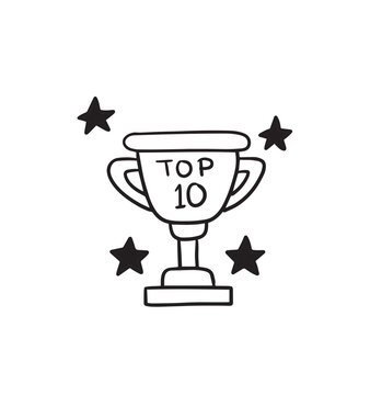 hand drawn TOP 10 trophy with starts surrounded it, written "TOP 10", vector illustration, hand drawn illustration