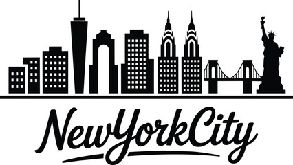 Fototapeta premium New York city skyline silhouette with iconic landmarks and script text, illustration and view and famous in outline style