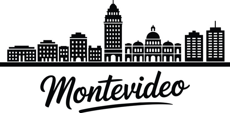 Montevideo cityscape skyline with iconic buildings and handwritten city name text in a clean vector illustration and modern historical and silhouette