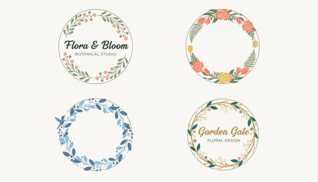 Set of four circular floral wreath logos with elegant botanical designs and placeholders for flower shop or organic brand identity projects.