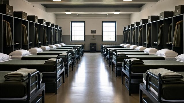 barracks. Military barracks interior with perfectly aligned beds and uniformly folded blankets. event key visuals, club posters, designed for fitness apps and gym onboarding.