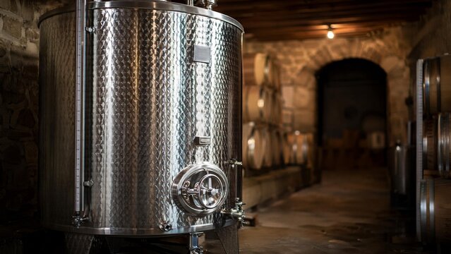 fermenter. Large stainless steel fermenter in a dimly lit wine cellar. bar promotions, beverage menus, designed for food & beverage menus and cafe branding, elevates brand perception.