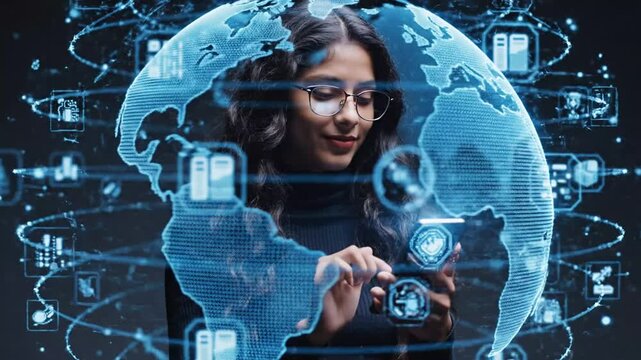 Businesswoman using smartphone with global digital holographic interface.