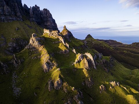 Aerial of the rugged mountain landscape of the Quiraing, Isle of Skye, Scotland, UK