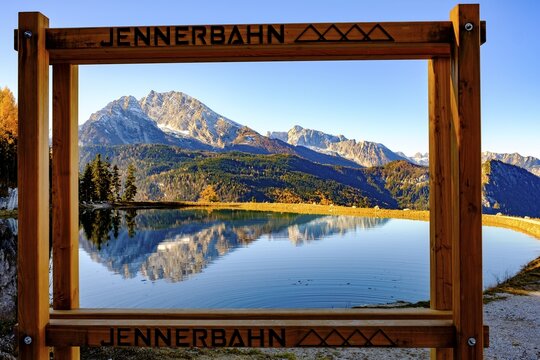 Watzmann and Hochkalter in the wooden frame are reflected in the reservoir, Berchtesgaden Alps, Berchtesgaden National Park, Sch&ouml;nau am K&ouml;nigssee, Berchtesgadener Land, Upper Bavaria, Bavaria, Germany