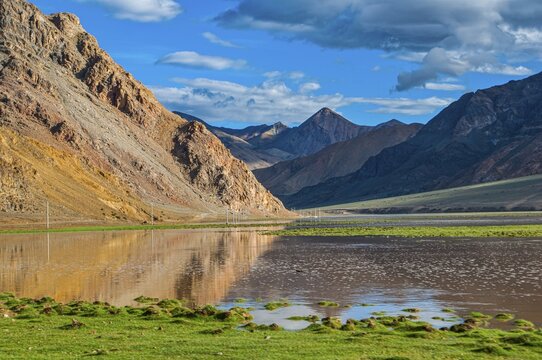 Beautiful mountain lake along the road from Ali and Gerze, Western Tibet, Asia