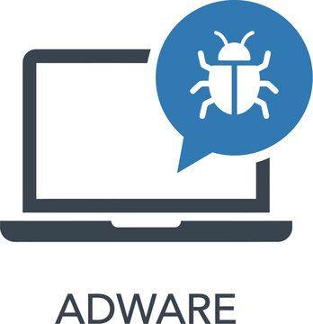 Minimalist blue and grey icon showing a laptop computer infected by malicious digital computer software