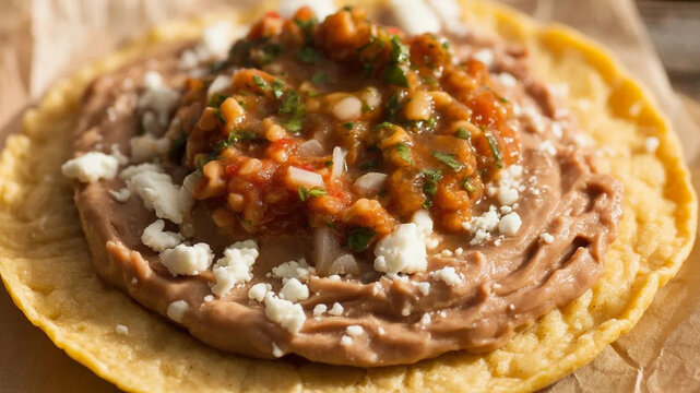 Rustic refried beans tostada with fresh pico de gallo, Mexican street food close-up, crispy corn tortilla lunch