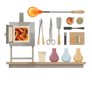 Glassblowing tools and equipment setup.