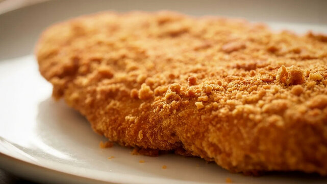 Crispy breaded cutlet close-up on white plate, golden fried schnitzel texture, comfort food background for menus
