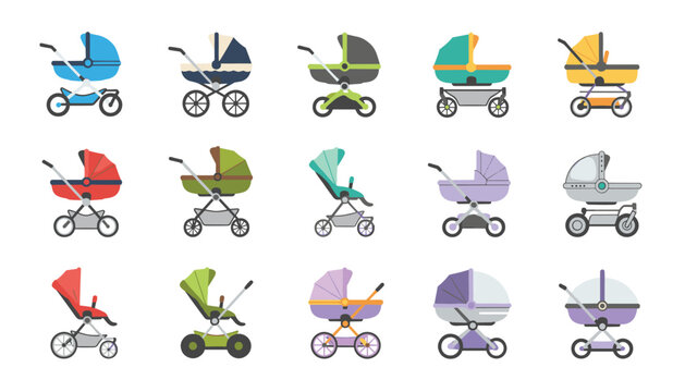 Diverse array of baby strollers and prams in various styles and colors arranged in a grid for comparison and selection of nursery gear.