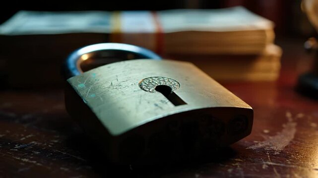 Vintage padlock rests on wooden table beside old book. Antique lock shows ornate keyhole on wooden surface. Padlock with decorative detail near vintage book. Old lock on table displays keyhole.