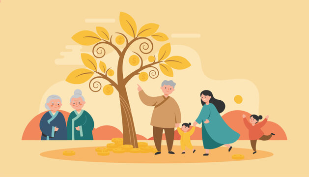 Multi generational family standing under a large tree where coins grow like leaves symbolizing financial growth, savings, and family heritage.