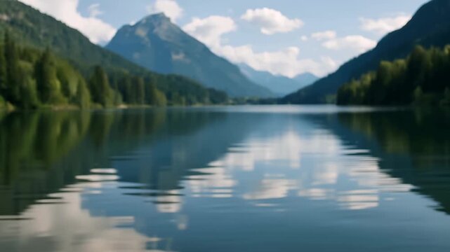 Wooden dock overlooking a calm alpine lake with mirrored mountain reflections, framed by conifer forest and blue sky with clouds, evoking a peaceful outdoor retreat.