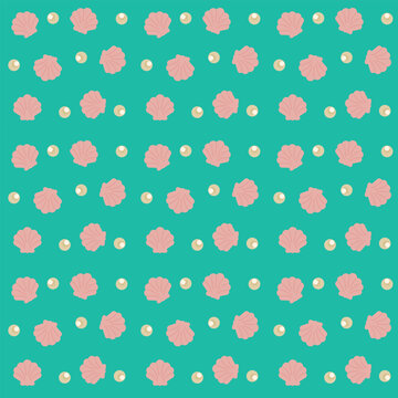Seamless pattern with pink seashells and cream pearls on a turquoise background. Minimalist marine ocean vector illustration for summer swimwear, fabric prints, and wrapping paper design.