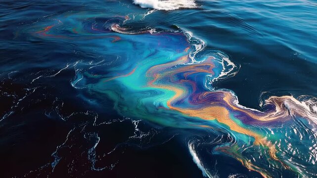 Vibrant oil spill creates colorful patterns in ocean waters during daylight