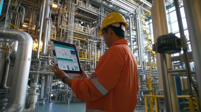 Factory worker monitors plant operations with tablet technology