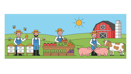 Fototapeta premium Vibrant farm scene with farmers tending to a vegetable stand, pigs, a cow, and beehives near a red barn and silo under a bright sun.