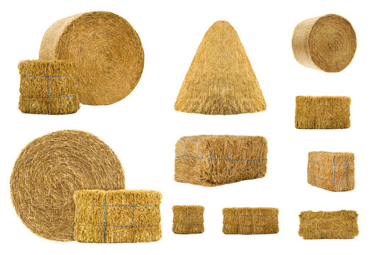 Set of hay bales and straw stacks on a white background.