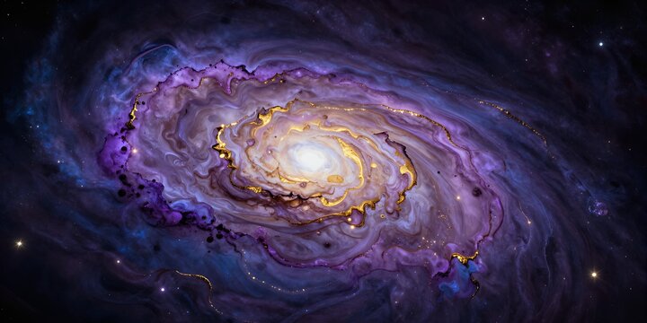 Luxury purple cosmic galaxy marble texture background with elegant gold glitter swirls