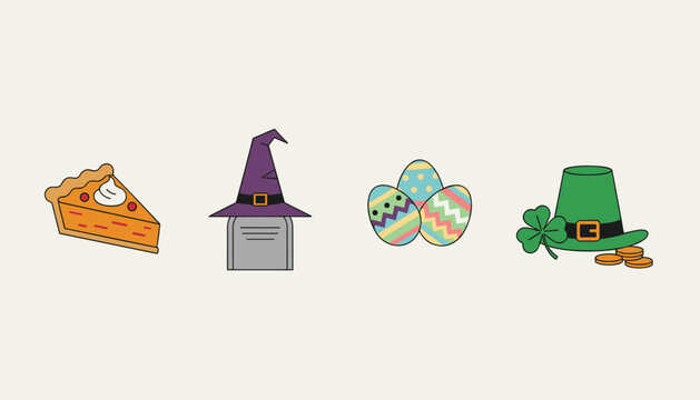 Four holiday-themed icons representing a pumpkin pie for Thanksgiving, a witch hat for Halloween, Easter eggs, and a Leprechaun hat.
