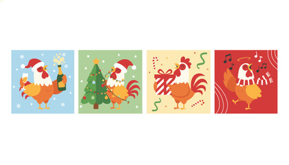 Fototapeta premium Set of four festive holiday square cards featuring a cute orange rooster celebrating Christmas with a tree, gifts, and musical notes.